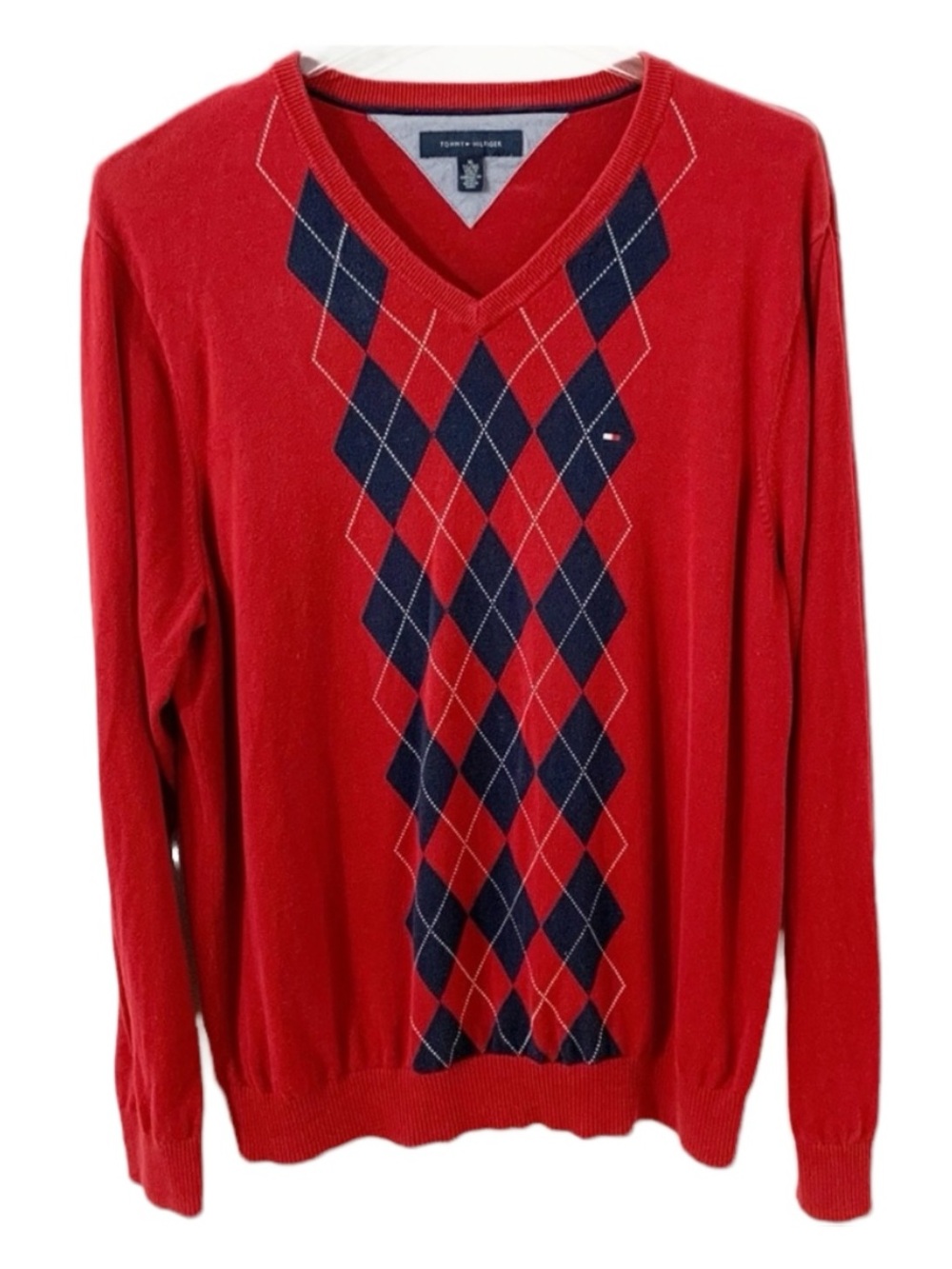 Tommy Hilfiger Long Sleeve Red Argyle V-neck Pullover Preppy Cotton Sweater 🟥🟦